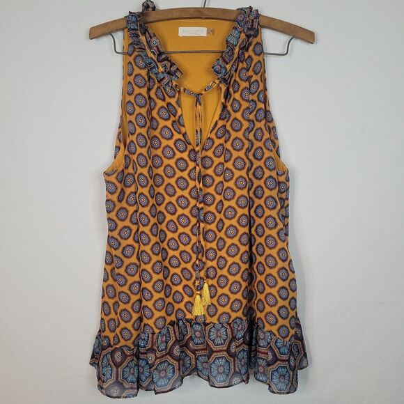 Ramy Brook Oriental Silk Blouse Womens XL Sleeveless Top Tasseled Boho Geometric - Picture 1 of 12
